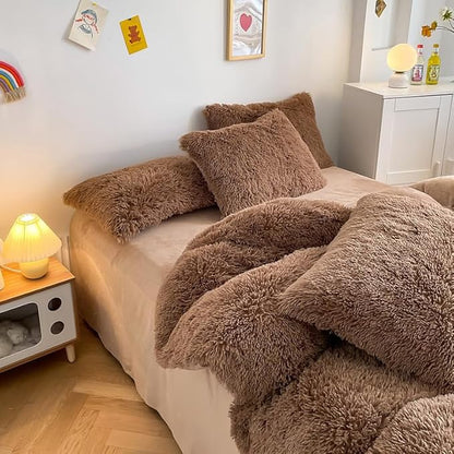 Faux Fur Kids Girls Coffee Comforter Sets Twin/Full - 3PC Bed Set Warm Comfortable Soft Plush Flannel Velvet Fluffy Fuzzy Bedding（Comforter x 1 Pillowcases x 2）