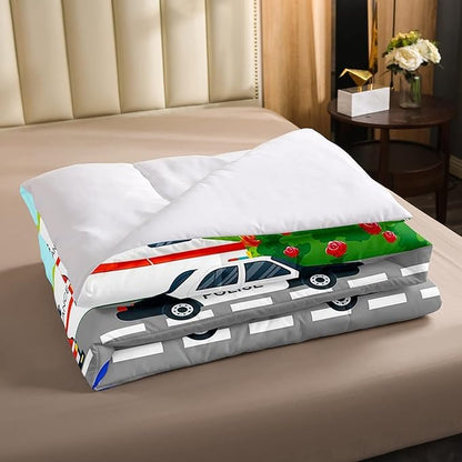 Kids Fire Trucks Car Comforter Set King Size Cartoon Police Car Down Comforter Airplane Ambulance Rescue Vehicles Beding Set Boys Girls Car Room Decor Soft Lightweight Duvet Set, Colorful Comforter