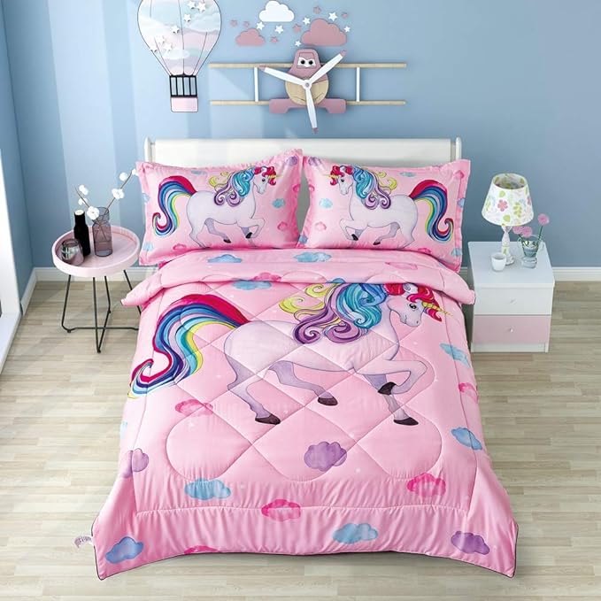 Wowelife Unicorn Comforter Set Queen 5 Pieces Unicorn Bedding Set Pink Rainbow Kids Bedding Set Bed in a Bag for Boys and Girls with Comforter, Flat Sheet, Fitted Sheet and 2 Pillowcases