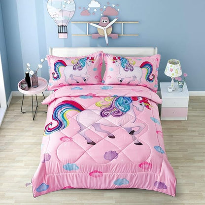 Wowelife Unicorn Comforter Set Queen 5 Pieces Unicorn Bedding Set Pink Rainbow Kids Bedding Set Bed in a Bag for Boys and Girls with Comforter, Flat Sheet, Fitted Sheet and 2 Pillowcases