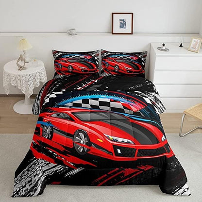 Car Bedding Set for Boys King Size Racing Sports Car Comforter Kids Extreme Sports Comforter Set Girls Teens Cool Speed Automobile Decor Bed Duvet Set Soft Lightweight Boys
