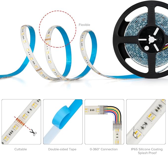 BTF-LIGHTING RGBCCT 5 Colors in 1 LED 5050SMD RGBWW RGB+Dimmable Tunable Color Temperature 2700K-6500K 16.4ft 60LEDs/m 300LEDs DC24V Multi-Colored Tape Lights IP65 White PCB(No Adapter or Controller)