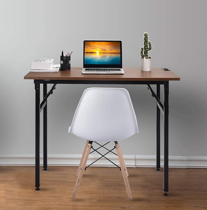 Frylr Small Folding Writing Desk with USB Ports & Power Plugs 31.5x15.7x29 Inch Small Office Computer Desks Portable for Home Office, Foldable Student Study Tables for Small Space, Walnut