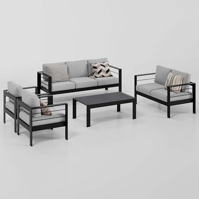 Wisteria Lane Aluminum Patio Furniture Set, 5 Piece Outdoor Conversation Set, Sectional Metal Sofa with 5 Inch Cushion and Coffee Table for Balcony, Backyard, Garden, Black Frame and Grey Cushion