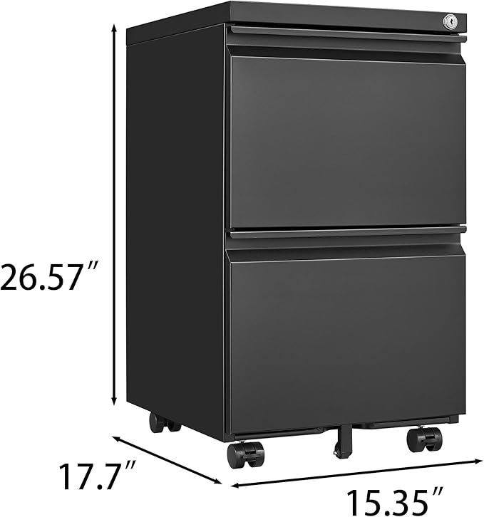 2 Drawer Mobile Lock and Casters,Pre-Assembled Metal Office Storage Filing Cabinets w/Anti-Dumping Fifth Round,for Letter/Legal/A4 Size,Black