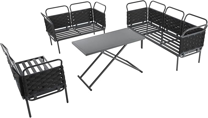 5-Piece Outdoor Patio Sectional L-shaped Sofa Set, Woven Rope Conversation Furniture with Loveseat, Corner Couch, Glass Coffee Table and Removable Cushions, Onesize, Black+Gray