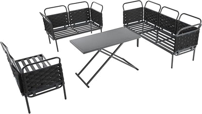5-Piece Outdoor Patio Sectional L-shaped Sofa Set, Woven Rope Conversation Furniture with Loveseat, Corner Couch, Glass Coffee Table and Removable Cushions, Onesize, Black+Gray