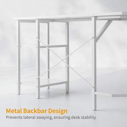 BANTI L Shaped Desk with Shleves, 50.4 inch Large Corner Desk with Two Storage, Space Saving, Easy to Assemble, White