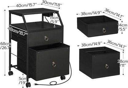 HOOBRO 2-Drawer Mobile File Cabinet, Filing Cabinet with Charging Station, Rolling Printer Stand with Open Storage Shelf, fits A4/Letter-Size for Home Office, Nonwovens Drawer, Black BB10UWJ01