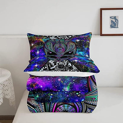 Trippy Alien Comforter Set King Size Kids Boys Galaxy Hippie Graffiti Bedding Set Psychedelic Alien Outer Space Comforter Purple Trippy Room Decor Bohemian Alien Quilted Bed Sets for Adults Men Boys