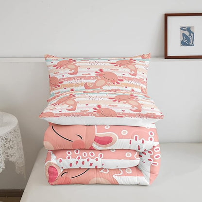 Cute Axolotl Comforter Set Full Size Rainbow Stripes Quilt Set Animal Theme Bedding Comforters 3pcs for Kids Teens Room Decor,Pink Romantic Soft Duvet Set with 2 Pillowcases