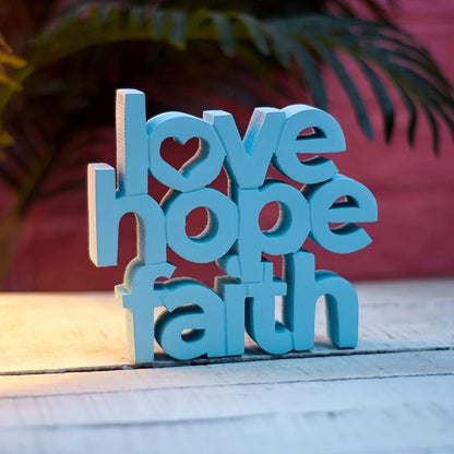 Love Hope Faith Blue, Aesthetic table decor for home or office, desk or Shelf. Quirky room decoration showpiece, ideal for birthday gift, corporate gift, and inspiring wall decor.