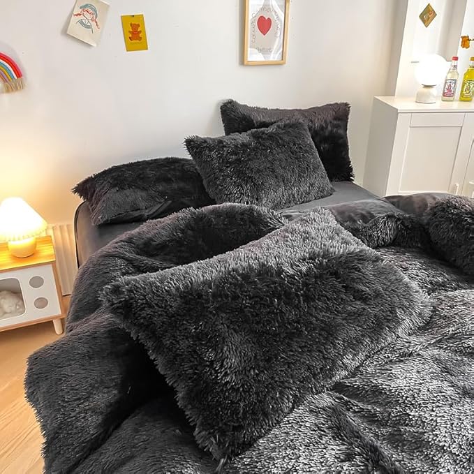 Faux Fur Kids Girls Black Comforter Sets Twin/Full - 3PC Bed Set Warm Comfortable Soft Plush Flannel Velvet Fluffy Fuzzy Bedding（Comforter x 1 Pillowcases x 2）