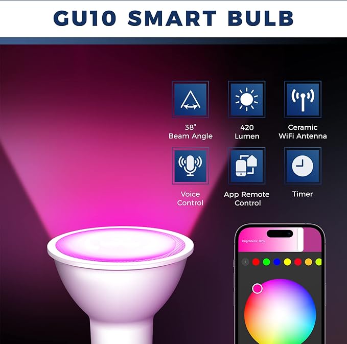 GU10 Smart Light Bulbs 50W Equivalent, 38°Beam Angle, Smart Bulb Compatible with Alexa/Google Assistant/Smart Life, 5W 420LM, RGBCW Spotlight Track Light, 2.4GHz WiFi, ETL Listed, 4PCS