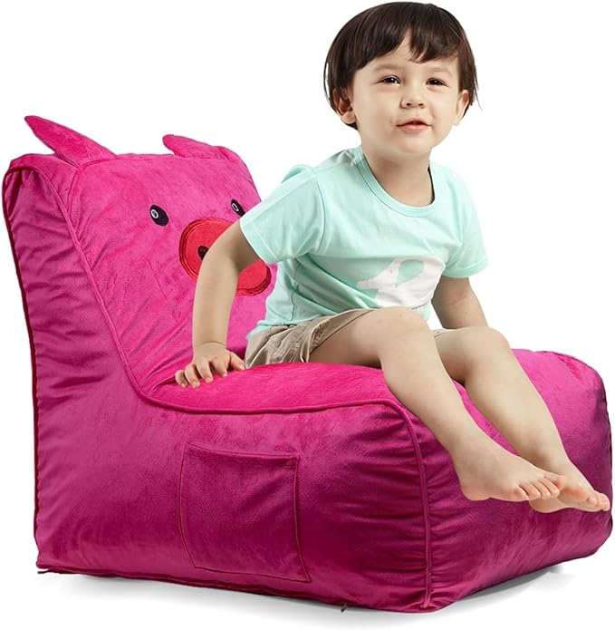 Bean Bag Chair for Kids, Cute Pig L-Shape Animal Bean Bag Sofa with Top Handles and Side Pockets, Cute Soft and Comfy Bean Bag Chair with Filler Included, Ages 1+ Children's Day Gifts