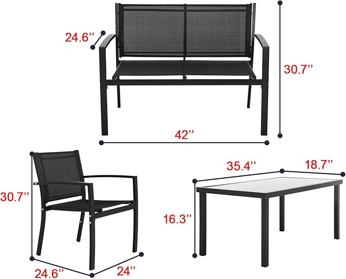 FDW 4 Piece Patio Conversation Sets with Metal Patio Furniture Tempered Glass Tabletop Waterproof Textilene for Outside Backyard Lawn Balcony