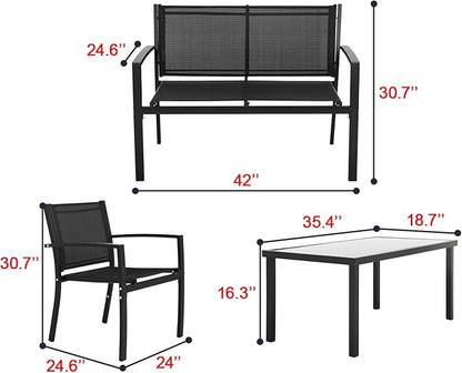 FDW 4 Piece Patio Conversation Sets with Metal Patio Furniture Tempered Glass Tabletop Waterproof Textilene for Outside Backyard Lawn Balcony