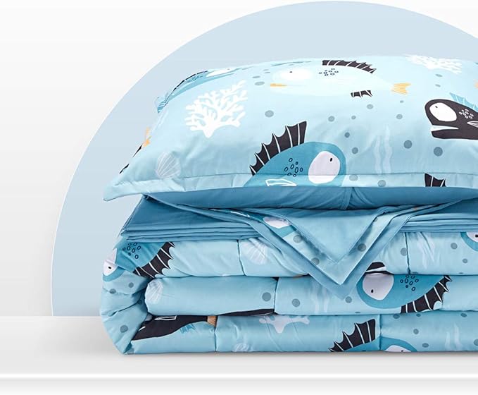 SLEEP ZONE Kids Bedding Comforter Set Full/Queen Size - Super Cute & Soft Kids Bedding 7 Pieces Set with Comforter, Sheet, Pillowcase & Sham (Little Fish)