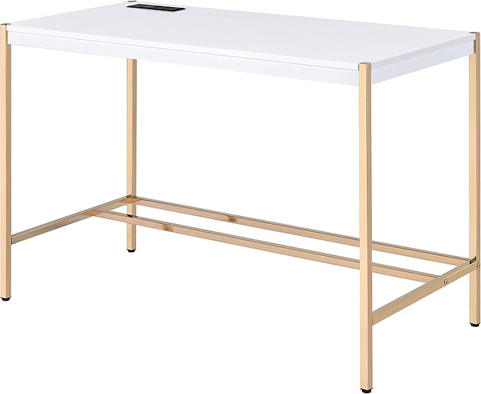 Acme Midriaks Wooden Top Writing Desk with USB Port in White and Gold