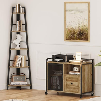 BON AUGURE Filing Cabinet for Home Office, Lateral File Cabinet with Drawer for Letter/ A4 Size, Mobile Printer Stand with Open Storage (Vintage Oak)