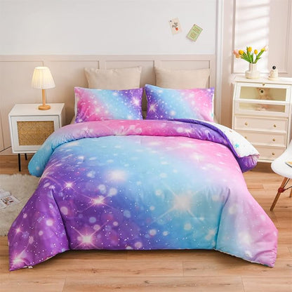 Holawakaka Girls Space Star Rainbow Glitter Comforter Set Ombre Galaxy Print Gradient Reversible Bedding Set Full Size Kids Bed Sets (Pink Lavender, Full)