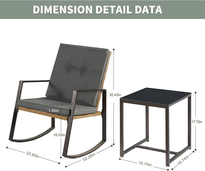 3 Pieces Rocking Chairs Set Balcony Furniture Conversation Sets with Outdoor Table and Chairs,Washable Cushion for Porch,balcony,Garden,Backyard,Poolside Grey