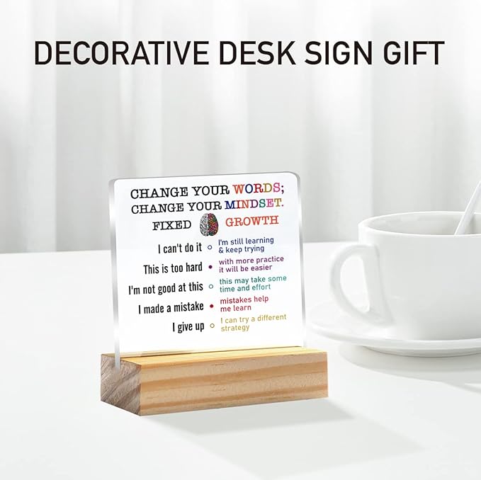 Growth Mindset Gift Change Your Words Change Your Mindset Clear Desk Decorative Sign Keepsake Present Positive Acrylic Plaque with Wooden Stand Sign Desk Decor for Home Office
