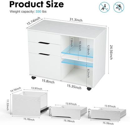 Sweetcrispy 3-Drawer File Cabinet, Lateral Mobile Filing Cabinet Wood Under Desk Storage Organizer with Wheels, Printer Stand & Open Shelves for Home Office Organization - White