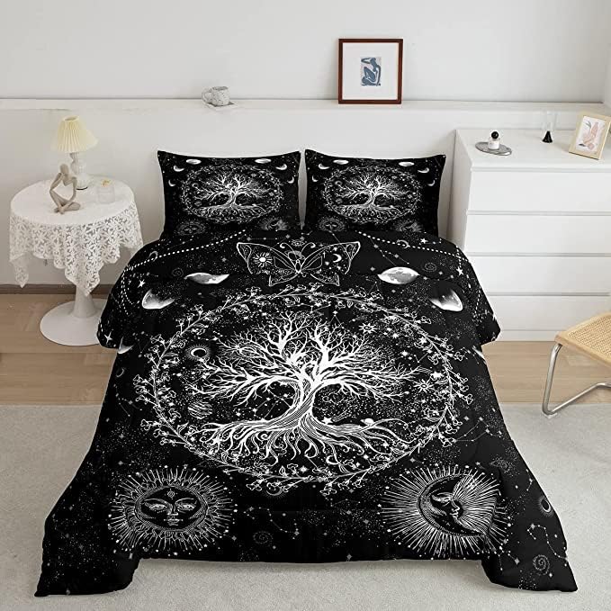 Feelyou Sun and Moon Comforter Bohemian Tree Butterfly Style Bedding Set Psychedelic Hippie Comforter Set for Boys Girls Children Teens Bedroom Decor Galaxy Astrology Duvet Set King Size