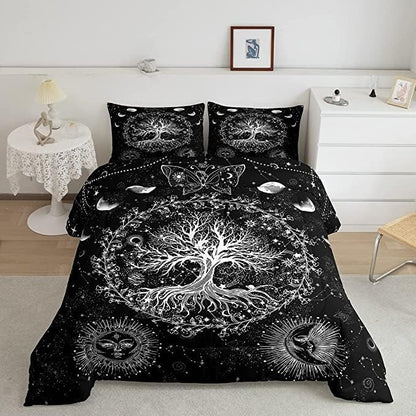 Feelyou Sun and Moon Comforter Bohemian Tree Butterfly Style Bedding Set Psychedelic Hippie Comforter Set for Boys Girls Children Teens Bedroom Decor Galaxy Astrology Duvet Set King Size