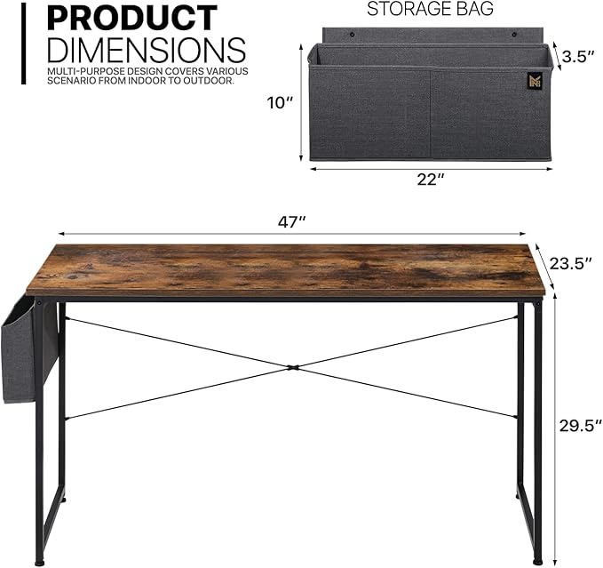 MoNiBloom Home Office Gaming Desk, 47 Inches Computer Study Table with A Storage Bag, Rustic Brown
