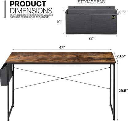 MoNiBloom Home Office Gaming Desk, 47 Inches Computer Study Table with A Storage Bag, Rustic Brown