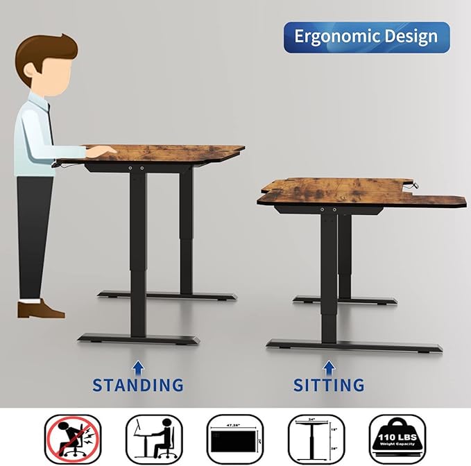 Adjustable Height L-Shaped Electric 59 Inch Sit-Stand Computer Desk with 3 Splice Boards, Lockable Casters-Ideal for Home Office, 59Inch, Rustic Brown
