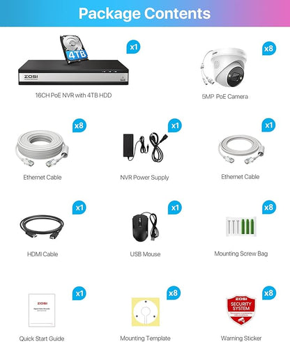 ZOSI 16CH 4K PoE Security Camera System with Person Vehicle Detection,2 Way Audio,Color Night Vision,16Channel 8MP PoE NVR Recorder with 4TB HDD,8pcs 5MP Indoor Outdoor IP Cameras,for 24/7 Recording