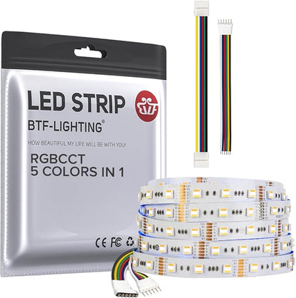 BTF-LIGHTING RGBCCT 5 Colors in 1 LED 5050SMD RGBWW RGB+Dimmable Tunable Color Temperature 2700K-6500K 16.4ft 60LEDs/m 300LEDs DC12V Multi-Colored Tape Lights IP30 White PCB(No Adapter or Controller)
