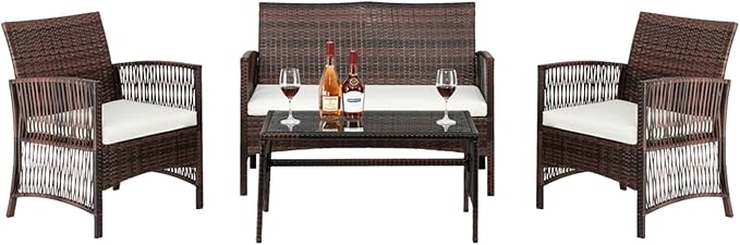 Outvita 4 Pieces Patio Furniture Set, Rattan Conversation Sets with Loveseat Soft Cushion and Glass Table for Garden Backyard Balcony Porch Poolside (Brown)