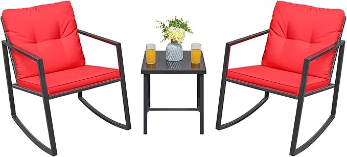 Greesum 3 Pieces Rocking Wicker Bistro Set, Patio Outdoor Furniture Conversation Sets with Porch Chairs and Glass Coffee Table, Red
