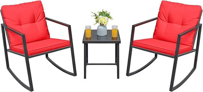 Greesum 3 Pieces Rocking Wicker Bistro Set, Patio Outdoor Furniture Conversation Sets with Porch Chairs and Glass Coffee Table, Red