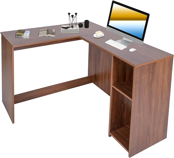 FurnitureR 47.2-Inch L-Shaped Computer Desk Home Office Study Writing Corner Gaming Table Retro Design Work Station Space-Saving for Study Room Bedroom, Walnut
