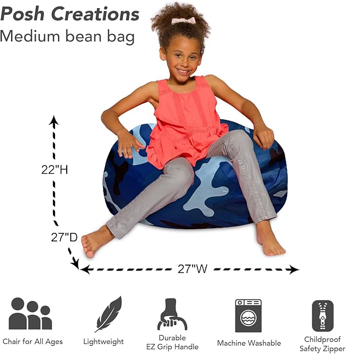 Posh Creations Bean Bag Chair for Kids, Teens, and Adults Includes Removable and Machine Washable Cover, Soft Nylon - Camo Blue and Light Blue, 27in - Medium
