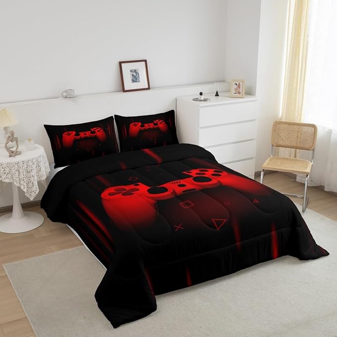 Feelyou Boys Gamer Comforter Set King Size Gaming Bedding Set Kids Video Games Comforter for Teen Child Gamer Room Decor Super Soft Red Black Bed Set Microfiber Game Geometric Duvet Quilted Gamer Gift
