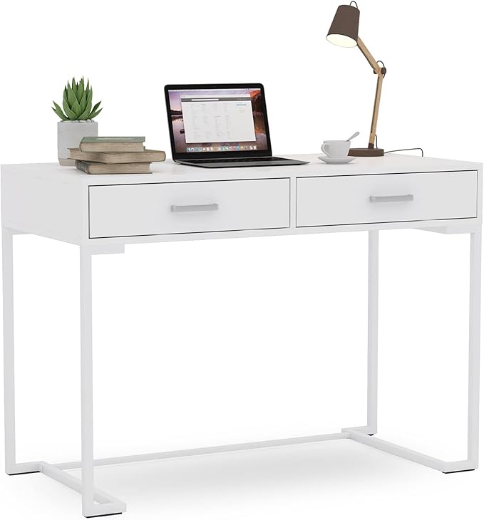 Tribesigns 40 Inch White Computer Desk, White Writing Desk with 2 Drawers, Modern Simple Study Desk Makeup Vanity Table for Bedroom Small Spaces