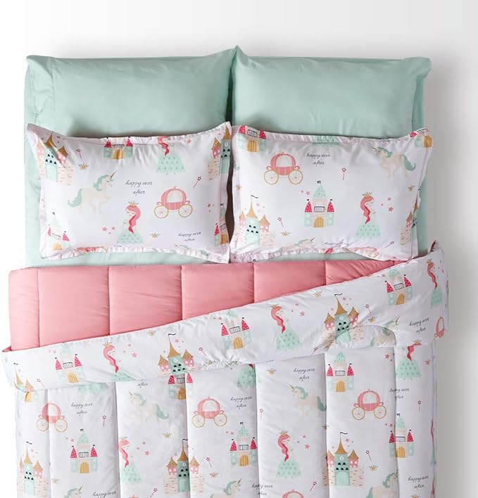 SLEEP ZONE Kids Bedding Comforter Set Full/Queen Size - Super Cute & Soft Kids Bedding 7 Pieces Set with Comforter, Sheet, Pillowcase & Sham (Princess Castle)
