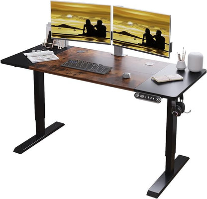 Adjustable Height Electric Standing Desk, 55 x 24 Inch Sit Stand Computer Desk with Lockable Casters, Stand Up Desk Table for Home Office, Black Frame/Rustic Brown + Black Top