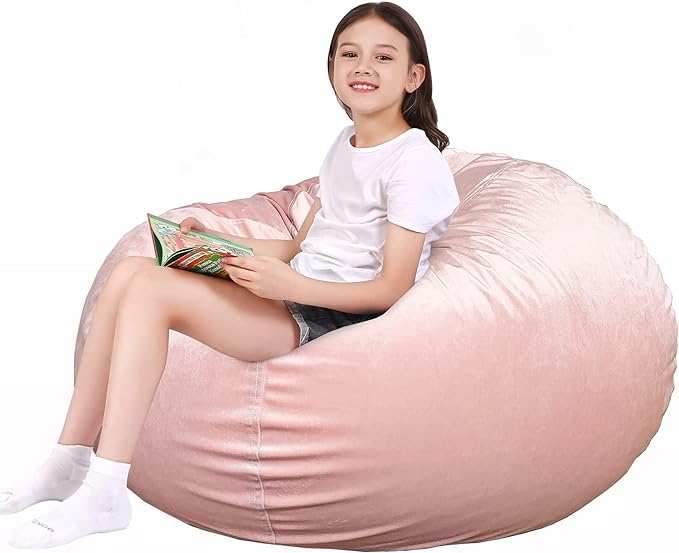 Lukeight Stuffed Animal Storage Bean Bag Chair Cover for Kids, Zipper Beanbag Chair Cover for Organizing Toddler & Kids' Rooms Plush Toys (Pink Velvet, Large)
