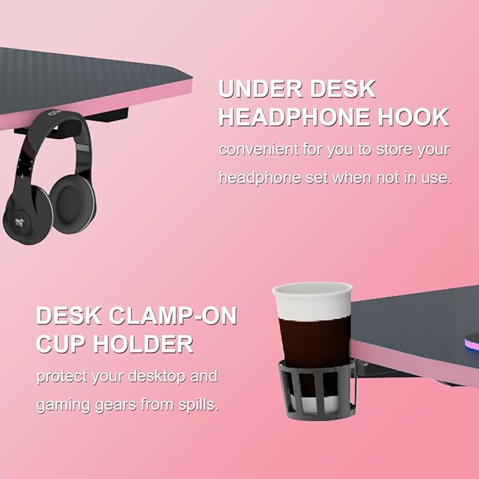 63 Inch Gaming Desk, with Carbon Fiber Surface, Lightning-Shaped PC Computer Table, with Headphone Holder, Cup Holder, Cable Management Box, Gaming Table for Gamer, Black&Pink