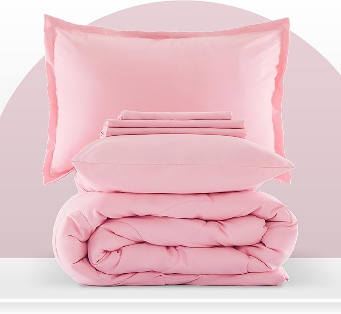 SLEEP ZONE Kids Pink Bedding Comforter Set Full/Queen Size - Super Cute & Soft Girls Bedding 7 Pieces Set with Comforter, Sheet, Pillowcase & Sham (Cinquefoil Pink)