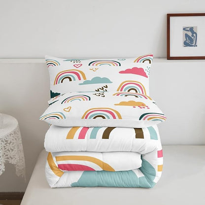 Rainbow Bedding Twin for Girls,Cartoon Rainbow Comforter Sets for Toddler,Cute Rainbow Cloud Doodle Duvet Insert Kids Gift,Kawaii Colorful Down Comforter Warm with 1 Pillowcase Bedroom Decor