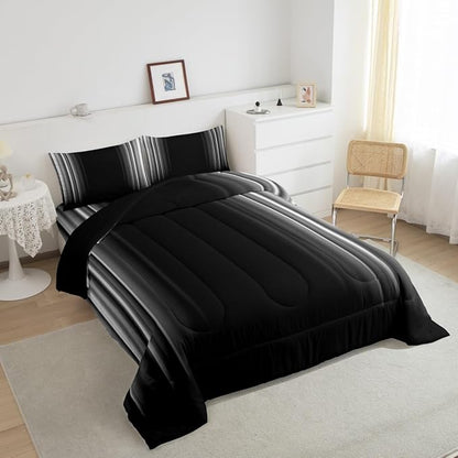 Feelyou Geometric Abstract Ombre Bedding Set Men Adults Teens Grey Gray and Black Striped Comforter Set Kids Boys Girls Simple Modern Quilt Setwith 1 Pillowcase 2Pcs Bedding Twin