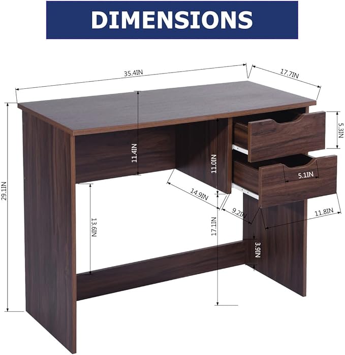 Home Office Computer Desk, 35.4" Small Study Writing Table, with Storage Drawers, Modern Teen Student Adult PC Table Desk, Walnut